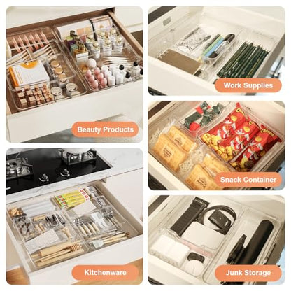 Expandable Drawer Organizer, Adjustable Shallow Tray, 11" to 19" Width | 1.97" Height, Clear Plastic Storage, For Bedroom/Living Room/Kitchen/Bathroom/Office, Cosmetic/Tools/Cutlery/Stationery