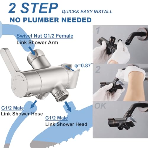 3 Way Shower Diverter Valve with Hand Shower Holder, G1/2 Shower Head Splitter, Shower Arm Diverter, Bathroom Universal Shower System Replacement Part (Brushed) - color: Brushed