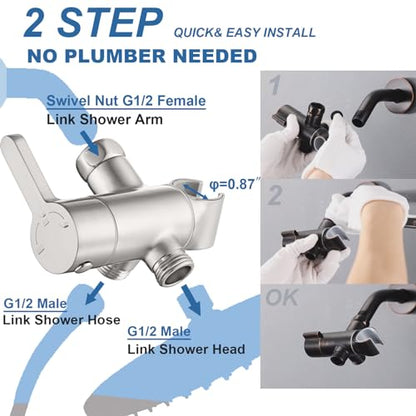 3 Way Shower Diverter Valve with Hand Shower Holder, G1/2 Shower Head Splitter, Shower Arm Diverter, Bathroom Universal Shower System Replacement Part (Brushed) - color: Brushed