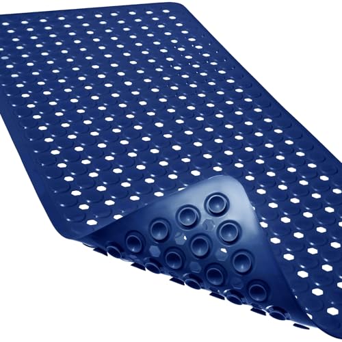 Non-Slip Bathtub and Shower Mats, Power Grip Bath Mat 35 x 16.3 Inch with Suction Cups and Drain Holes for Tub Bathroom Floor Safety, Machine Washable Soft Bathmat, Navy Blue - color: Navy Blue