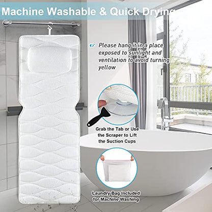 OMYSTYLE Full Body Bath Pillow, Bath Pillows for tub with Mesh Washing Bag & 21 Non-Slip Suction Cups, Spa Bathtub for Head Neck Shoulder and Back Support - 5D Air Mesh & Quick Drying - color: White