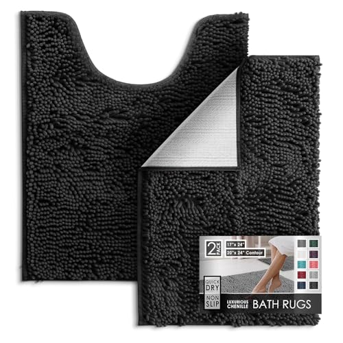 Hearth & Harbor Bathroom Rugs, Chenille Bath Mat - Machine Washable Bath Mats for Bathroom Non-Slip Backing Rubber, Quick Dry Bathroom Mat - Black 17x24-20x24 - color: Black, style: 17 x 24 + 20 x 24