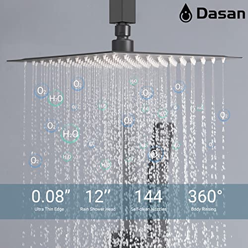 DASAN Full Body Shower System with 6 PCS Body Spray Jets & 12'' Rain Shower Head & Handheld, Ceiling Mount Rain Shower System Matte Black Shower Faucets Sets Complete with Valve, SA-SS03AMB-S12C2 - color: Black