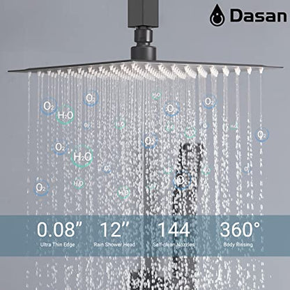 DASAN Full Body Shower System with 6 PCS Body Spray Jets & 12'' Rain Shower Head & Handheld, Ceiling Mount Rain Shower System Matte Black Shower Faucets Sets Complete with Valve, SA-SS03AMB-S12C2 - color: Black