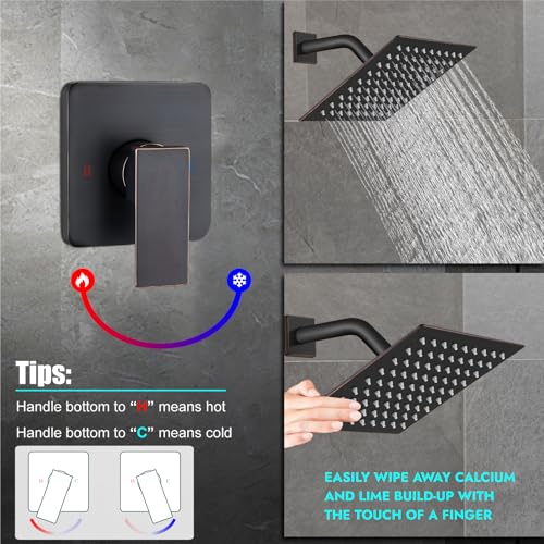 Heyalan 8 Inch Square Rain Shower Faucet Set with Valve, Oil Rubbed Bronze | Female-thread 1/2-inch NPT connections, SUS304 shower head, brass rough-in valve, single-handle control Shower Set - color: Bronze, size: 8 Inch Square Shower Head