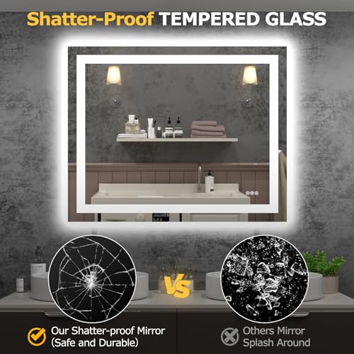 Hivone 40"X32" LED Bathroom Mirror with Lights, Anti-Fog, Dimmable, Backlit + Front Lit, Smart Bathroom Vanity Mirror, Memory Function, Shatterproof, Tempered Glass (Horizontal/Vertical) - size: 32"L x 40"W