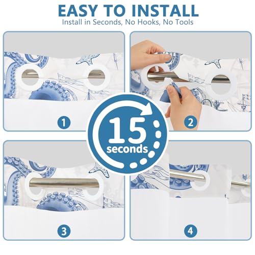 No Hook Shower Curtain and Liner Set, Nautical Navy Blue Shower Curtain with Translucent Window, Double-Layer Waterproof Bathroom Shower Fabric Curtains, Retro Coastal Octopus Pattern, 71x74 Inches - color: Nautical Colossal Octopus