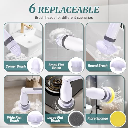 Electric Spin Scrubber, IPX7 Waterproof Shower Cleaning Brush with 8 Replaceable Brush Heads, Extendable Long Handle and 2 Adjustable Speeds Tools White