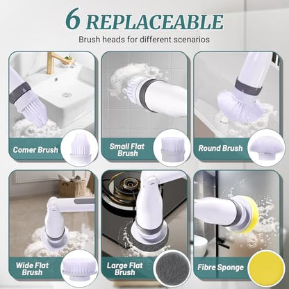 Electric Spin Scrubber, IPX7 Waterproof Shower Cleaning Brush with 8 Replaceable Brush Heads, Extendable Long Handle and 2 Adjustable Speeds Tools White