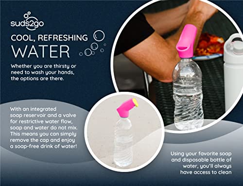 Refillable Caps, 2 Pack - Universal Fit Turns Most Disposable Water Bottles Into A Hand Washing Station - Includes Refillable Soap Reservoir - Conveniently Sized to Take on The Go - color: Pink