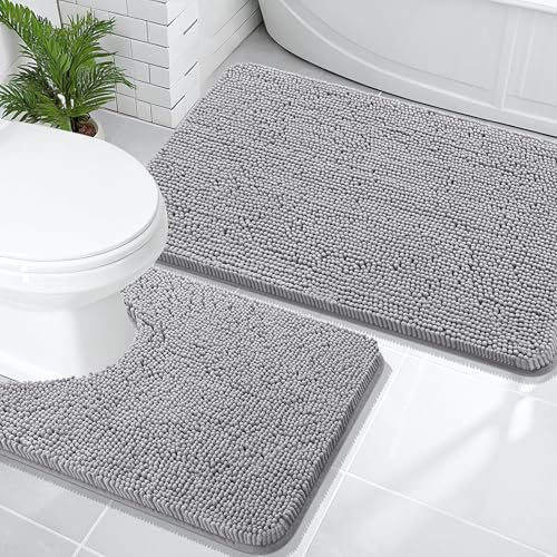 OLANLY Bathroom Rugs Sets 2 Piece, Soft Absorbent Chenille Bath Mats and U-Shaped Contour Toilet Rug, Non-Slip, Machine Washable Bath Carpet, Home Decor Accessories(36"x24"+24"x20", Grey) - color: Grey, size: 36" X 24" + U24" X 20"
