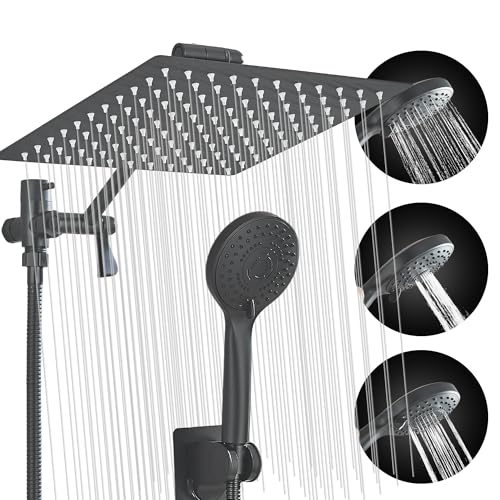Matte Black Shower Head, High Pressure Rainfall 10 Inch Shower Head/Handheld Showerhead Combo with 10" Extension Arm, Height/Angle Adjustable