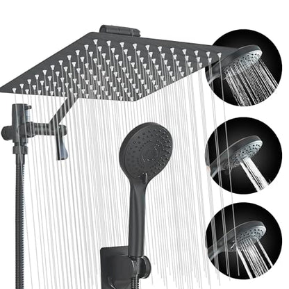 Matte Black Shower Head, High Pressure Rainfall 10 Inch Shower Head/Handheld Showerhead Combo with 10" Extension Arm, Height/Angle Adjustable