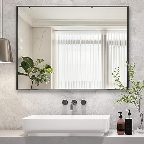 LEDLUX 26x36 Inch Black Bathroom Mirror, Copper-Free Mirror, Aluminum Alloy Frame Vanity, Rectangle Wall Mounted Modern Mirror for Bedroom/Living Room/Porch Horizontal or Vertical - color: Black, size: 26"L x 36"W