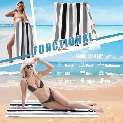 Beach Towel Set-4 Pack 30"x60" Sand Free Stripe Beach Towel for Pool,Bathroom,Soft Absorbent Quick Dry Lightweight Beach Bath Towel,Camping Blanket,Travel Towel,Beach Essentials for Adults,Grey/Black - color: Grey/Black