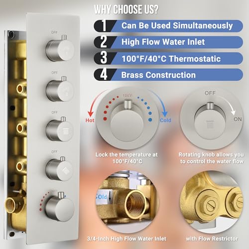 Thermostatic Dual Rianfall Shower System with 6+16-Inch Shower Heads, Brushed Nickel Ceiling Mount Full Body Rain Shower Faucet Set with Double High Pressure HandHeld Sprayer for 2-Person - color: Brushed Nickel