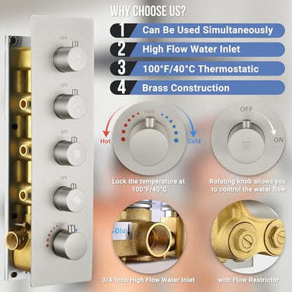 Thermostatic Dual Rianfall Shower System with 6+16-Inch Shower Heads, Brushed Nickel Ceiling Mount Full Body Rain Shower Faucet Set with Double High Pressure HandHeld Sprayer for 2-Person - color: Brushed Nickel