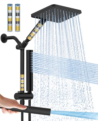 Filtered Shower Head with Handheld Combo High Pressure Shower Head with Filters 10 Inch Rain Shower Head Height Adjustable Dual Water Softener Shower Head for Hard Water - Removes Chlorine - color: Premium Matte Black, style: Filtered