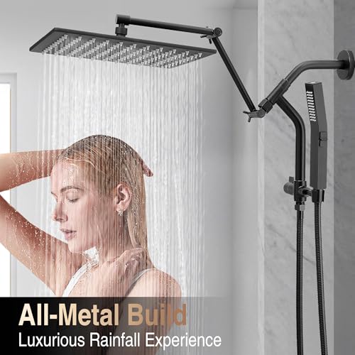 All Metal 12 Inch Rain Shower Head with Handheld Built-in Power Wash Mode, High Pressure Waterfall Rainfall Square Shower Heads with 16" Adjustable Extension Arm, Dual Showerhead, Matte Black - color: Matte Black, size: 12 Inch