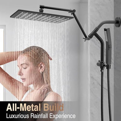 All Metal 12 Inch Rain Shower Head with Handheld Built-in Power Wash Mode, High Pressure Waterfall Rainfall Square Shower Heads with 16" Adjustable Extension Arm, Dual Showerhead, Matte Black - color: Matte Black, size: 12 Inch