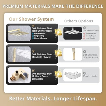 Rain Shower System, 12''Square Rain Head,2-Spray Handheld,Gold | 2 Spray Functions,Anti-Tangle Explosion-proof PVD Hose,Balance Temp Valve,Rust-proof & Scratch-resistant - color: Brushed Gold, size: 12 Inch