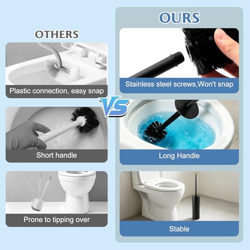 Stainless Steel Toilet Brush,Toilet Bowl Brush and Holder Set,Scratch Resistant Stainless Steel Toilet Brush with Long Handle,Toilet Cleaners with Replacement Head & Removable Inner Bowl,Space Saving - color: Black-set2