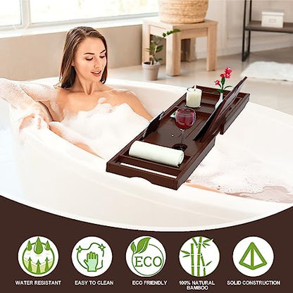 Premium Bamboo Bathtub Caddy Tray - Bath Tray - Bath Tub Tray Table for Bathtub - Expandable Size, Fits Most Bath Tubs - Brown - color: Brown
