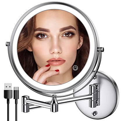 Rechargeable Wall Mounted Lighted Makeup Mirror Chrome, 8 Inch Double-Sided LED Vanity Mirror 1X/10X Magnification,3 Color Lights Touch Screen Dimmable 360°Swivel 13 Inch Extendable - color: 8 Inch Chrome