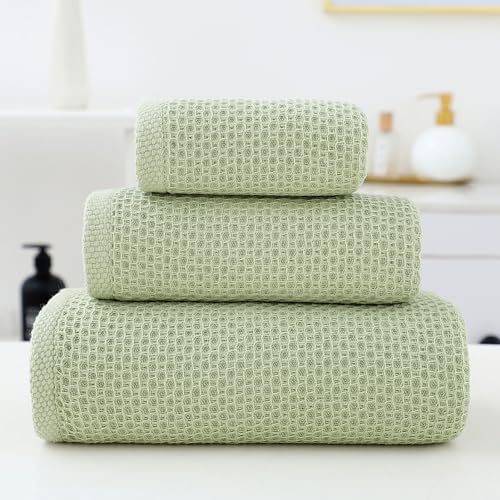 SK Studio 6 Piece Green Bath Towels Set Cotton Waffle Bathroom Towels | 2 Bath Towels, 2 Hand Towels, 2 Washcloths Quick Dry for College Dorm, Spa - color: Green