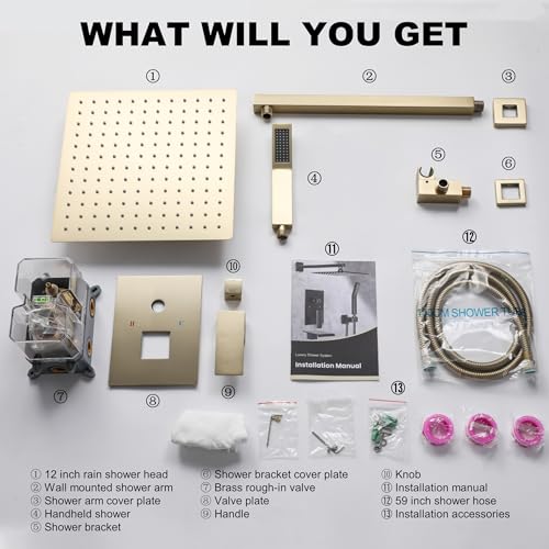 Brushed Gold Shower System with 12-Inch Rain Showerhead and Handheld | Innovative air-injection technology for low pressure, high-flow rate up to 3.22 GPM ensuring powerful consistent stream - color: Brushed Gold, style: 12"-Without Tub Spout
