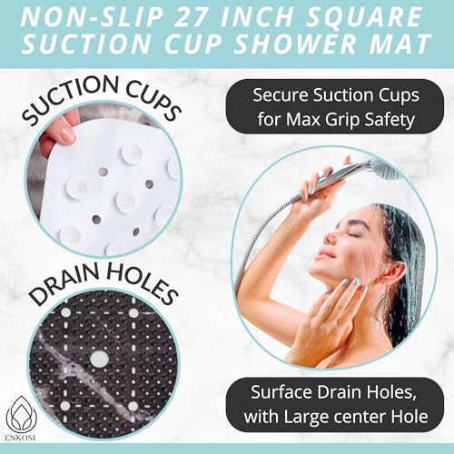 ENKOSI Square Shower Mat 27x27 inch - Anti Slip Shower Stall Floor Mat - Non Slip Shower Mats with Strong Secure Suction Cups and Drain Holes in Middle (27x27 Marble Black) - color: Marble Black