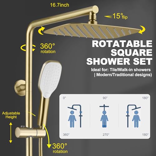SonTiy Rain Shower Head System with Handheld Spray, 360° Adjustable Shower Arm Exposed Showerhead Kit with Caddy for Whole Family, Brushed Gold - color: Brushed Gold, style: 2.5 Gallons Per Minute-Square