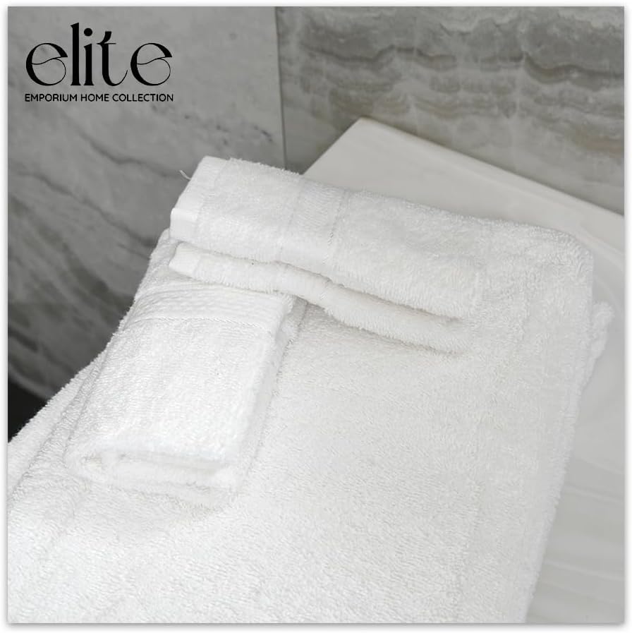 ELITE Emporium Home Collection 8-Piece Cotton Bath Towel Set - Ultra Soft, 550 GSM, Quick-Dry Towels - Bath Sheet, Bath Towels, Hand Towels, Washcloths, Bath Mat - Luxury Bathroom Towel Set (White) - color: White