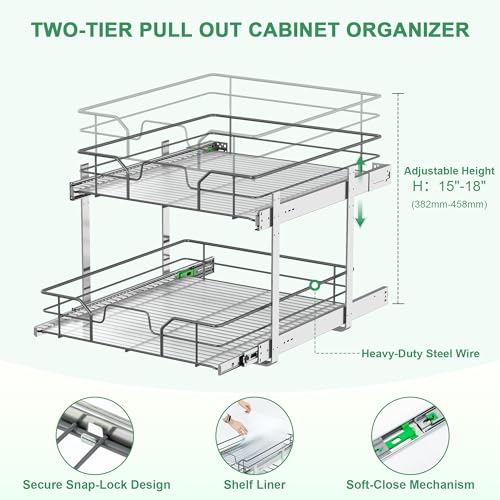 2-Tier Pull Out Cabinet Organizer (11" W x 22" D) | Soft Close Cabinet Slide Out Shelves, Heavy Duty Slide Out Drawers with Shelf Liner for Kitchen Cabinets, Pantry, Bathroom - size: 11"W x 22''D