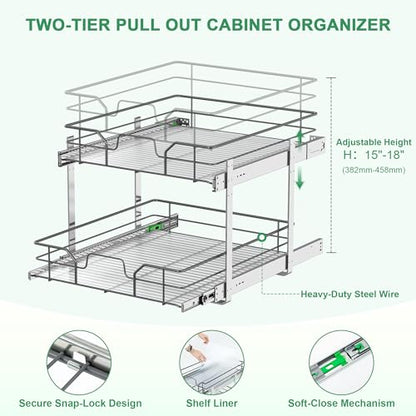 2-Tier Pull Out Cabinet Organizer (11" W x 22" D) | Soft Close Cabinet Slide Out Shelves, Heavy Duty Slide Out Drawers with Shelf Liner for Kitchen Cabinets, Pantry, Bathroom - size: 11"W x 22''D