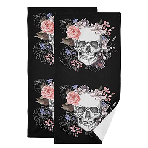 Giwawa Skull Hand Towel Set of 2, Soft Halloween Bath Towels Absorbent Pink Rose Floral Fingertip Towel Fast Drying Black Face Towel for Bathroom Kitchen Yoga Gym Spa Decor 28.3x14.4 Inch - color: Skull, size: 28.3" x 14.4"(Pack of 2)