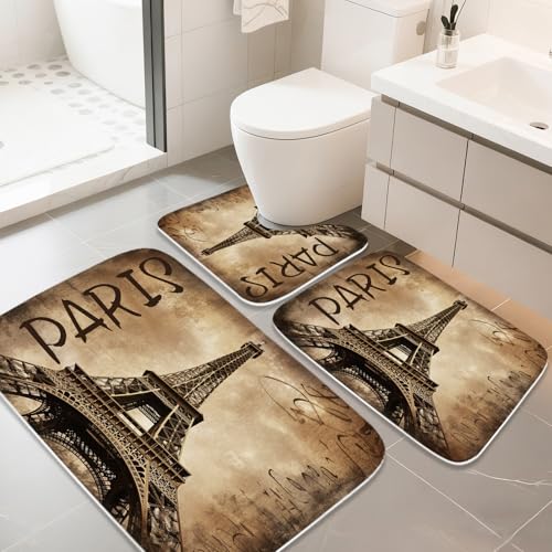 Eiffel Tower Bath Rug Paris City Landscape Theme Bathroom Rugs and Mats Sets 3 Piece, 24” x 17” Memory Foam Bath Mat, U-Shaped Contour Shower Mat Non Slip Absorbent, Velvet Washable 20 x 31 inch - color: Color11