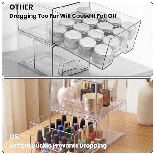 4 Pack Small Clear Stackable Storage Drawers | Acrylic Bathroom Makeup Organizer Plastic Storage Bins For Vanity Undersink Kitchen Cabinets Pantry Home Organization