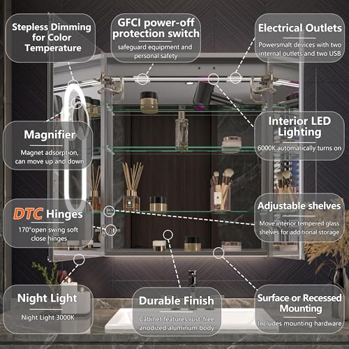 Luxury 30" Wall-Mounted LED Bathroom Medicine Cabinet, Outlets, Anti-Fog | Surface-Mount/Recessed, Double-Sided Mirror Cabinet, 3 Color Temp, DTC Silent-Close Hinges, Adjustable Tempered Glass Shelfs - size: 30"W x 36"H