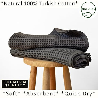 PÜSKÜL 2-Piece Natural 100% Turkish Cotton Waffle Bath Towels Extra-Large | Dark Gray, 32x63" Bath Sheet Towel, Light Soft Absorbent Quick-Dry Lint-Free Premium Honeycomb Weave Oeko-Tex Made in Turkiye - color: Anthracite Dark Gray, size: Bath Towels - Pa