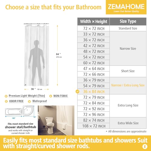 ZEMAHOME Narrow Long Clear Plastic Shower Curtain Liner, 36x84 Inch Thin Lightweight Transparent Plastic Bathroom Shower Showroom Inner Curtain with Rustproof Metal Grommet Holes and Weighted Magnets - color: A01-clear, size: 36"W x 84"L (Pack of 1)