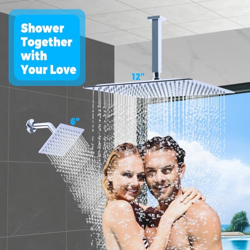 Thermostatic Digital Dual Rain Heads Tub Shower System Can Run Together | 4-Way Shower Faucts Set with Waterfall Spout, 12" Rainfall + 6" Tilted Shower and Brass Handheld, Chrome - color: Chrome, style: 12” + 6" + Spout