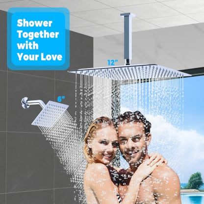 Thermostatic Digital Dual Rain Heads Tub Shower System Can Run Together | 4-Way Shower Faucts Set with Waterfall Spout, 12" Rainfall + 6" Tilted Shower and Brass Handheld, Chrome - color: Chrome, style: 12” + 6" + Spout