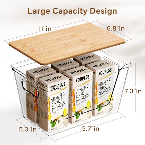2 Set Pantry Organizers and Storage with Bamboo Lids, Stackable Clear Bins for Onion, Potato, Fruit, Vegetables, Trash Bag Dispenser, Kitchen and Under Sink Organizer - size: 2 Pack Large