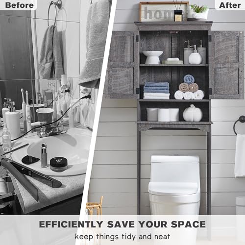67" Farmhouse Over The Toilet Storage Bathroom Cabinet, Grey Wash | Double Barn Doors, Adjustable Shelf, Open Cubby, Weathered Finish - color: Grey Wash