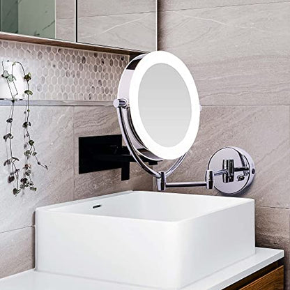 Ovente 7.5" Lighted Wall Mount Makeup Mirror, 1X & 10X Magnifier, Spinning Double Sided Round LED w/ Dimmer Switch, Extend, Retractable & Folding Arm, Battery USB Powered Polished Chrome MLW75CH1X10X - color: Polished Chrome, size: 10.3"L x 12.4"W, style: