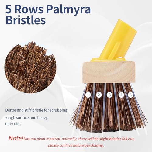 NICOFPHY Heavy Duty Floor Scrub Brush with Long Handle for Outdoor Cleaning | Deck Brush with Stiff Natural Palmyra Bristle, Floor Scrubber Brushes for Cleaning Concrete Floor, Garden, Patio, Shower
