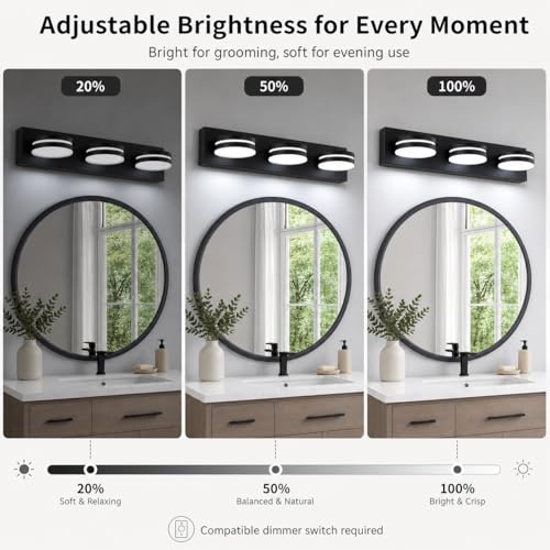 3-Light Bathroom Vanity Light Over Mirror, (24inch Dimmable) Matte Black LED Vanity Lighting Fixtures, Modern Bathroom Wall Light Fixtures with 360°Rotating Lamp Head (Cool White 5500K) - color: Matte Black-Dimmable