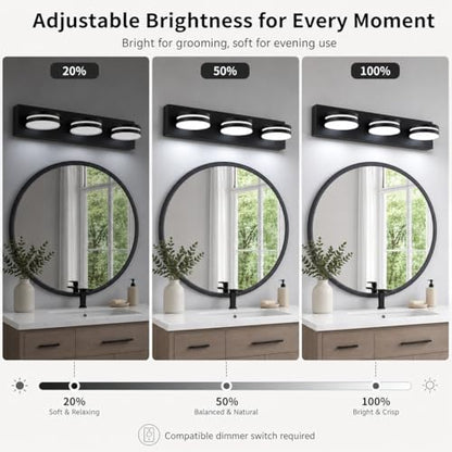 3-Light Bathroom Vanity Light Over Mirror, (24inch Dimmable) Matte Black LED Vanity Lighting Fixtures, Modern Bathroom Wall Light Fixtures with 360°Rotating Lamp Head (Cool White 5500K) - color: Matte Black-Dimmable
