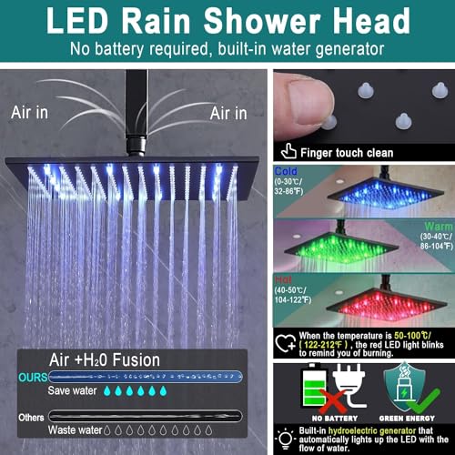 Enga Thermostatic Shower Jets System (Run All Features At Once), 12 Inch LED Rain Shower Wall Mounted with 6 Body Spray Jets and Handheld Shower, Contain Brass Thermostatic Shower Valve, Matte Black - color: Black, style: Wall Mount-6 Jets